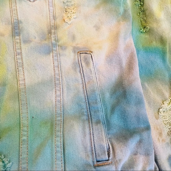 Festival tie dyed jean jacket M distressed ripped blue green ocean water - Picture 13 of 15